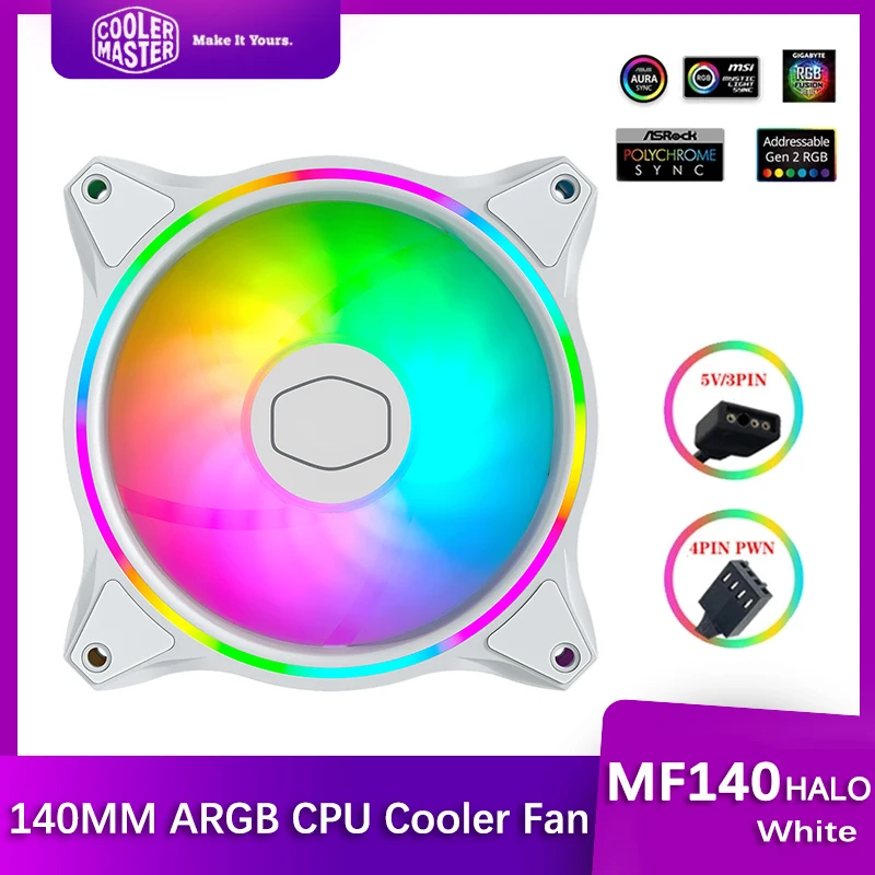Cooler Master Mf140 Halo White Argb 140Mm 5V 3Pin Pc Computer Case Fan Cpu Cooler Raffreddamento A Liquido Silenzioso Pwm Sostituisce Le Ventole