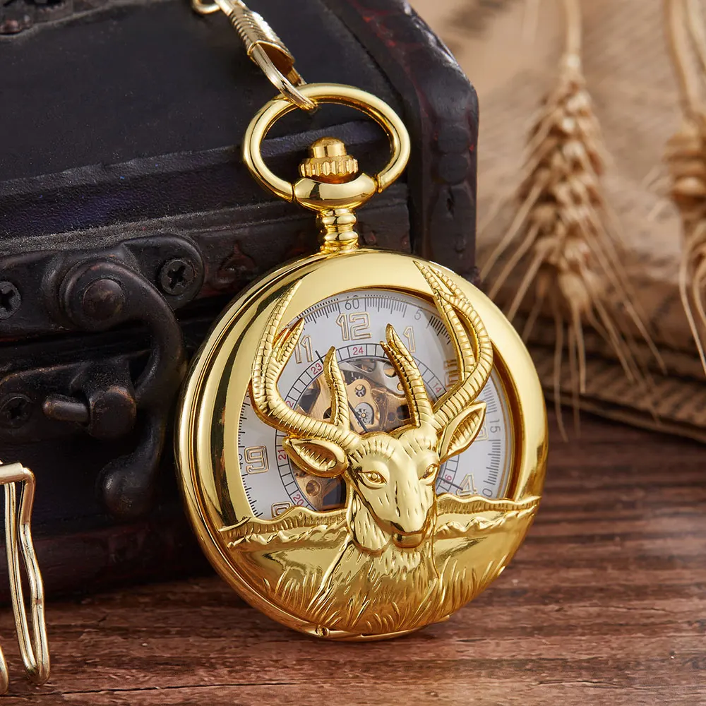 Orologio Da Tasca Meccanico Zodiac Golden Hollow Golden Goat Design Steampunk Hand Winding Fob Animal Watch Chain Collana Pendente