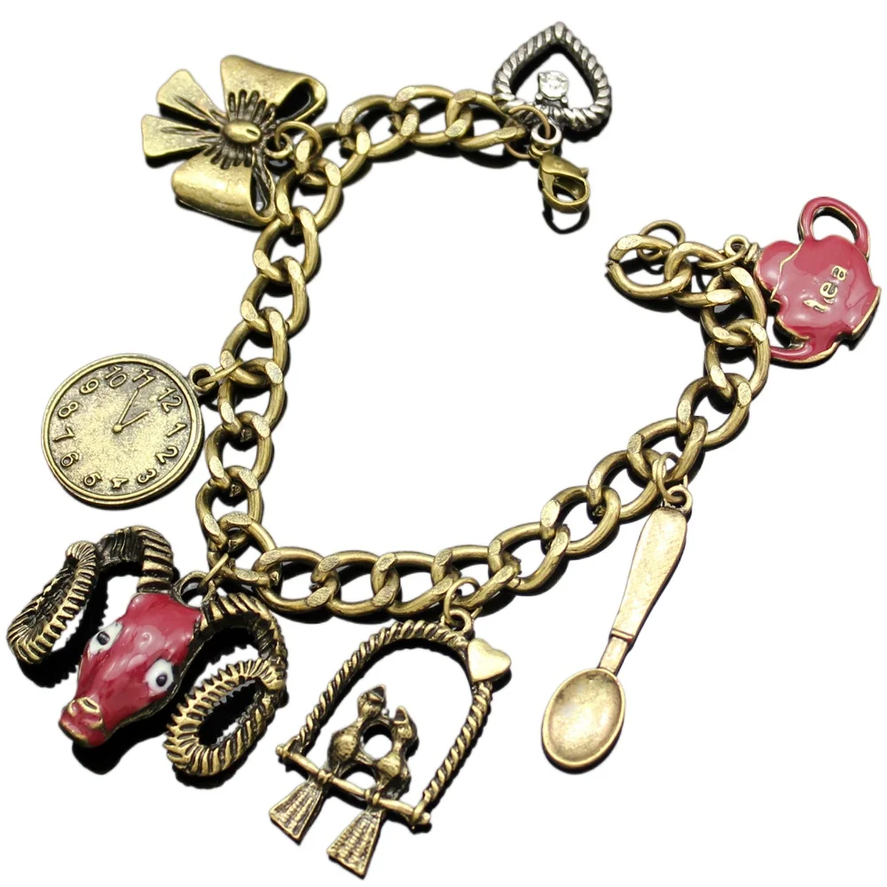 Rechicgu Vintage Aries Ram Zodiac Tea Parrot Watch Link Ciondolo Bracciale Catena Charm Braccialetto Vichingo Moda Gioielli Unisex Regalo