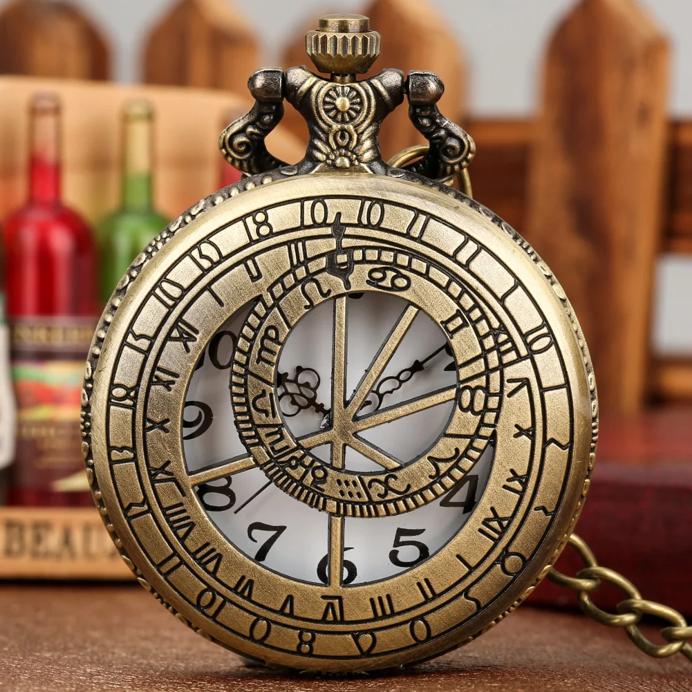 Zodiac Compass Pattern Bronze Retro Quartz Pocket Watches Men Women Necklace Watch Antique Pendant Gifts Reloj De Bolsillo