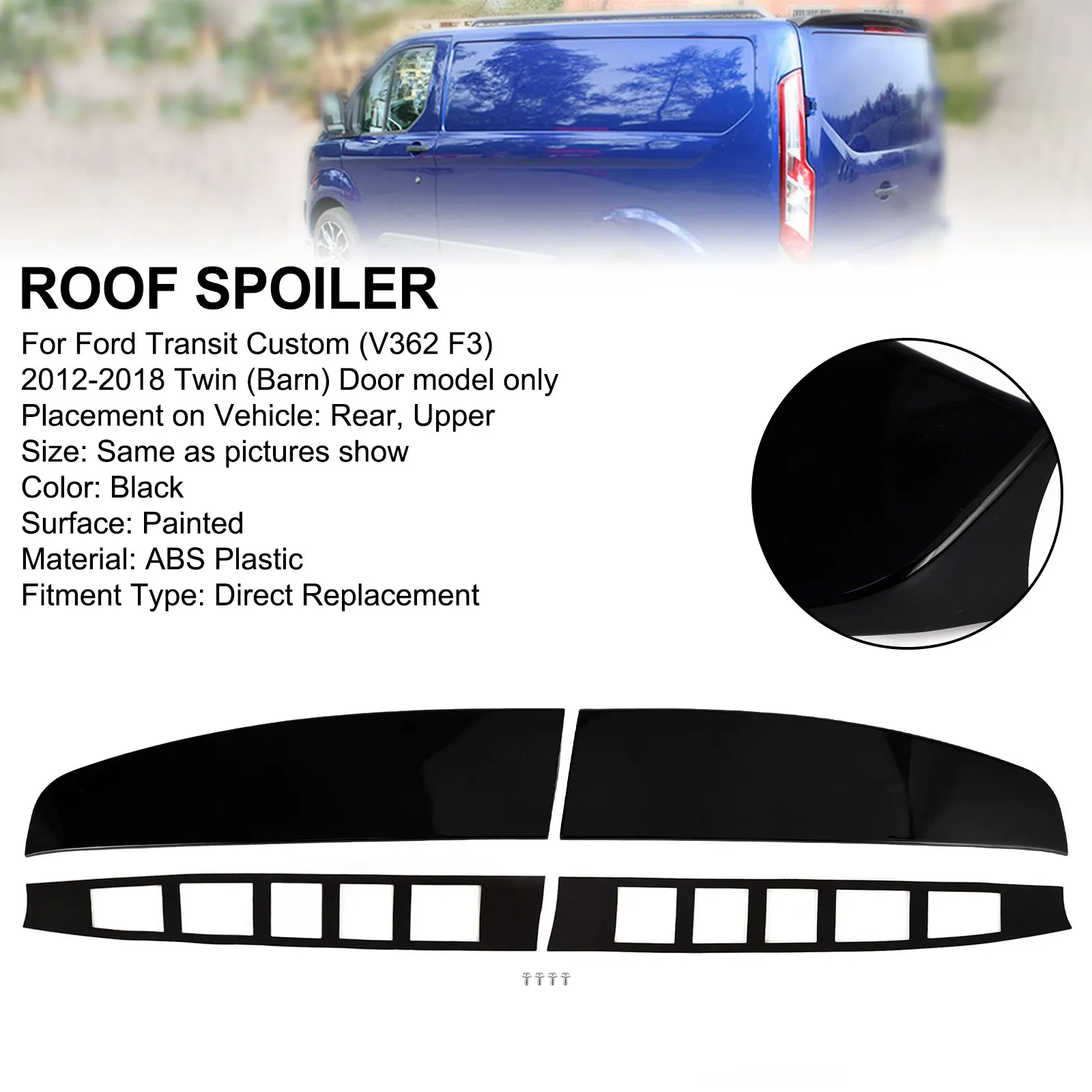 Areyourshop Nero Lucido Posteriore Twin Barn Door Roof Spoiler Fit Ford Transit Custom 2012-2020