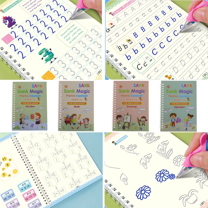 (4 Libri E Penne/1 Set) Quaderni Magici Scrittura Per Bambini Quaderni Di Pratica Di Disegno Di Matematica Inglese Riutilizzabili Senza Cancellazione