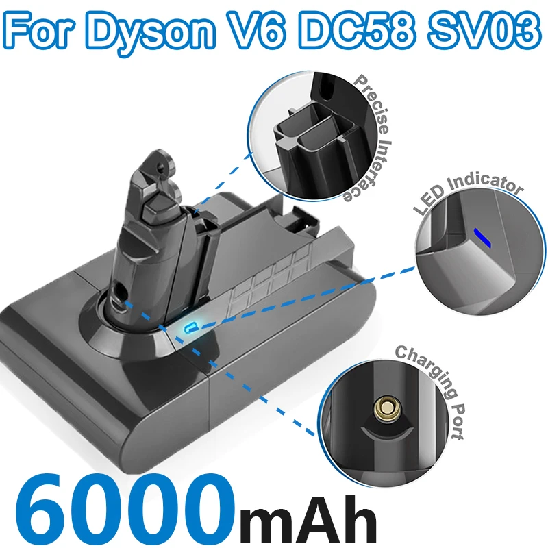 Batteria Per Aspirapolvere 21.6V 6Ah Per Batterie Dyson V6 Dc62 Dc59 Dc58 Sv03 Sv04 9 Animal Motorhead V6 Absolute Fluffy Il Filter