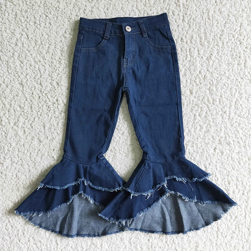 Baby Girl Red Double Ruffle Denim Clothes Wholesale Toddler Fashion Bleach Bell Pants Abbigliamento Per Bambini Spring Children Wash Jeans