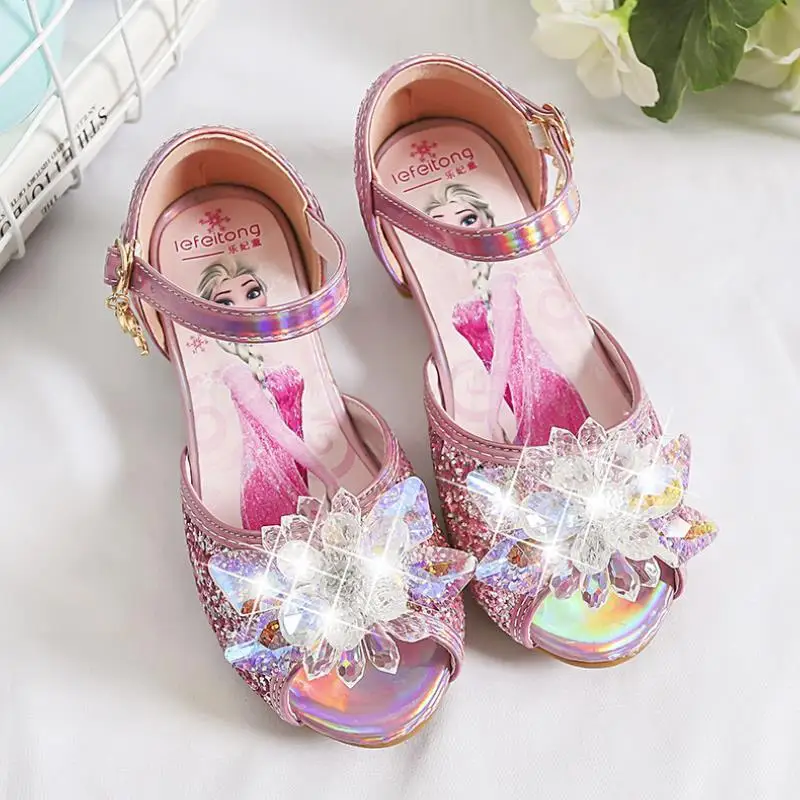 Disney Girls Sandals New Elsa Princess Shoes Summer Frozen Tacchi Alti Per Bambini Crystal Casual Shoes Paillettes Scarpe Da Bambina