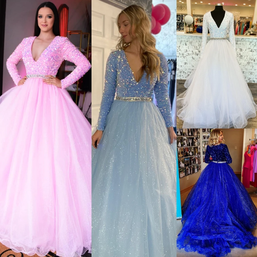 Abito Da Sera Formale In Tulle Glitterato 2 K24 Maniche Lunghe Scollo A V Sparkle Lady Pageant Prom Abito Da Cocktail Party Arabia Saudita Red Capet