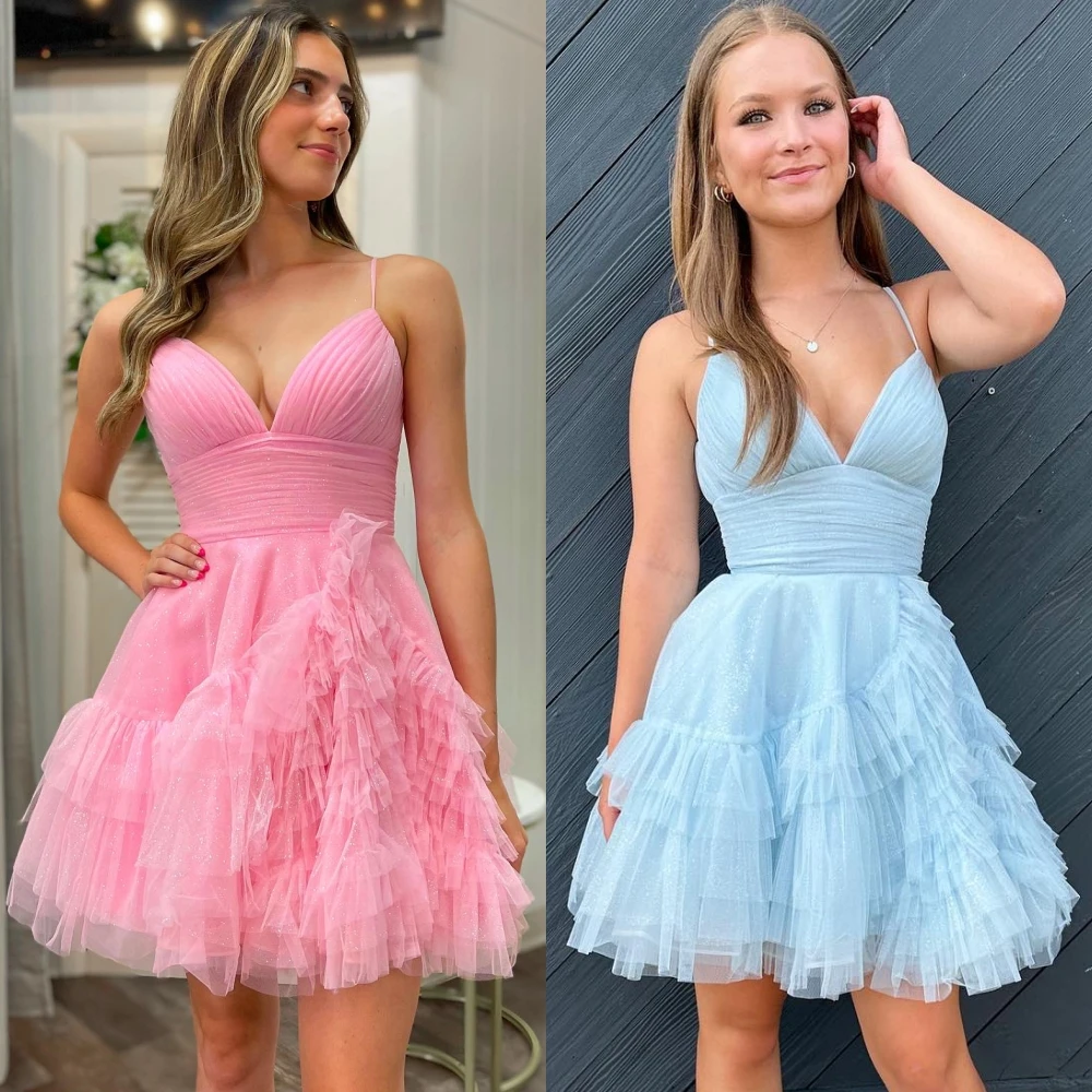 Glitter Tulle Homecoming Dress 2 K24 Ruffles Short Prom Formal Cocktail Event Party Runway Black-Tie Gala Wedding Guest Gown Hoco