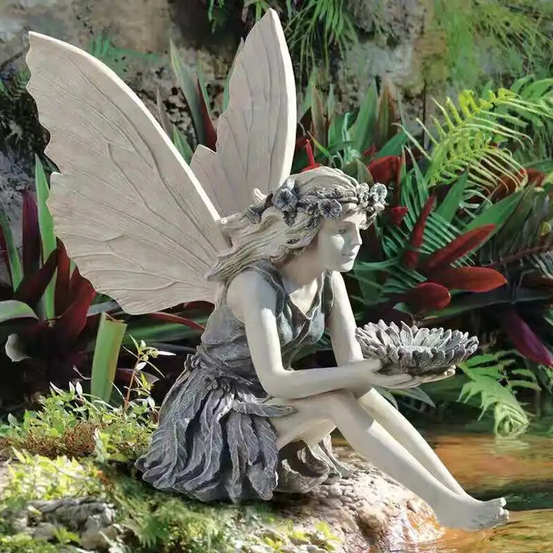Home Flower Fairy Bird Feeder Angel Girl Little Angel Statue Outdoor Courtyard Decoration Ornament