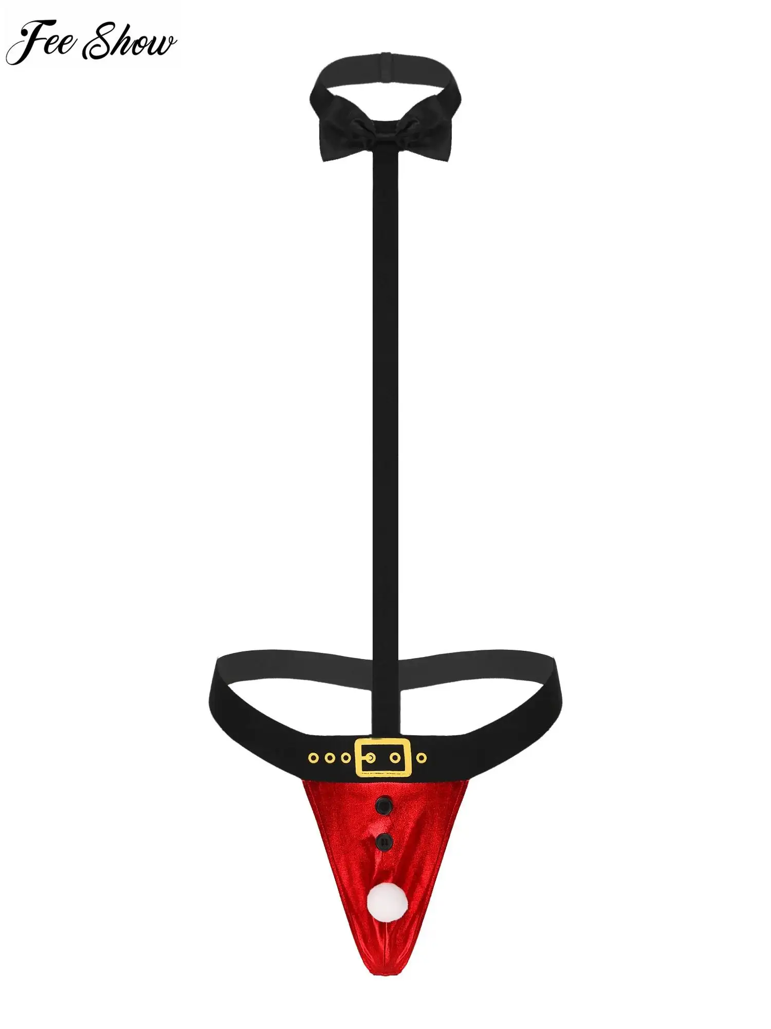 Uomo Babbo Natale Abiti Bretelle Elastiche Lucide Intimo Papillon Pom-Pom Perizoma Perizoma Mankini Costume Natalizio