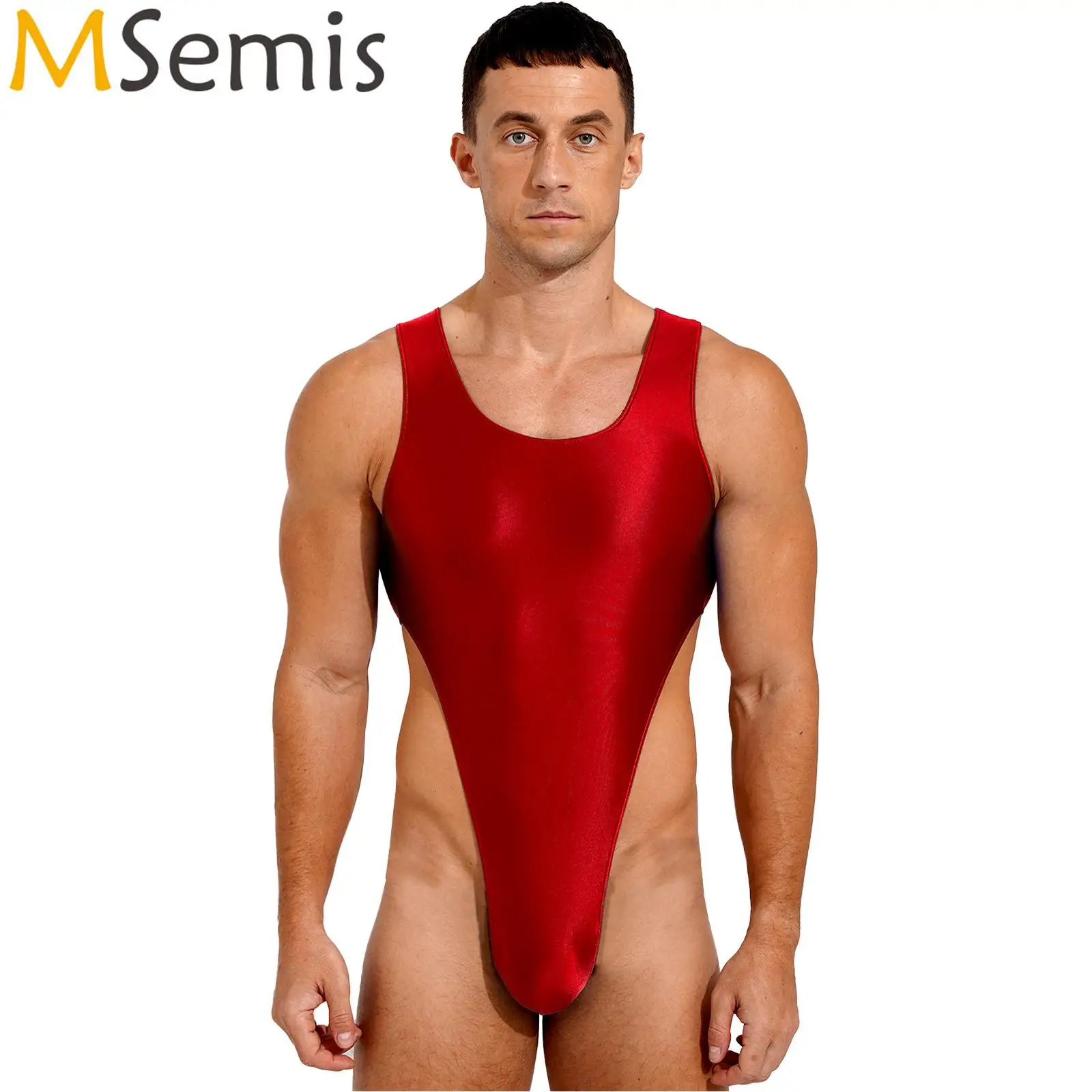Lingerie Tuta Lucida Uomo Scollo A U Tinta Unita Lossy Elastico Mankini Perizoma Costume Taglio Alto Muscoli Del Corpo Costumi Bodybuilding