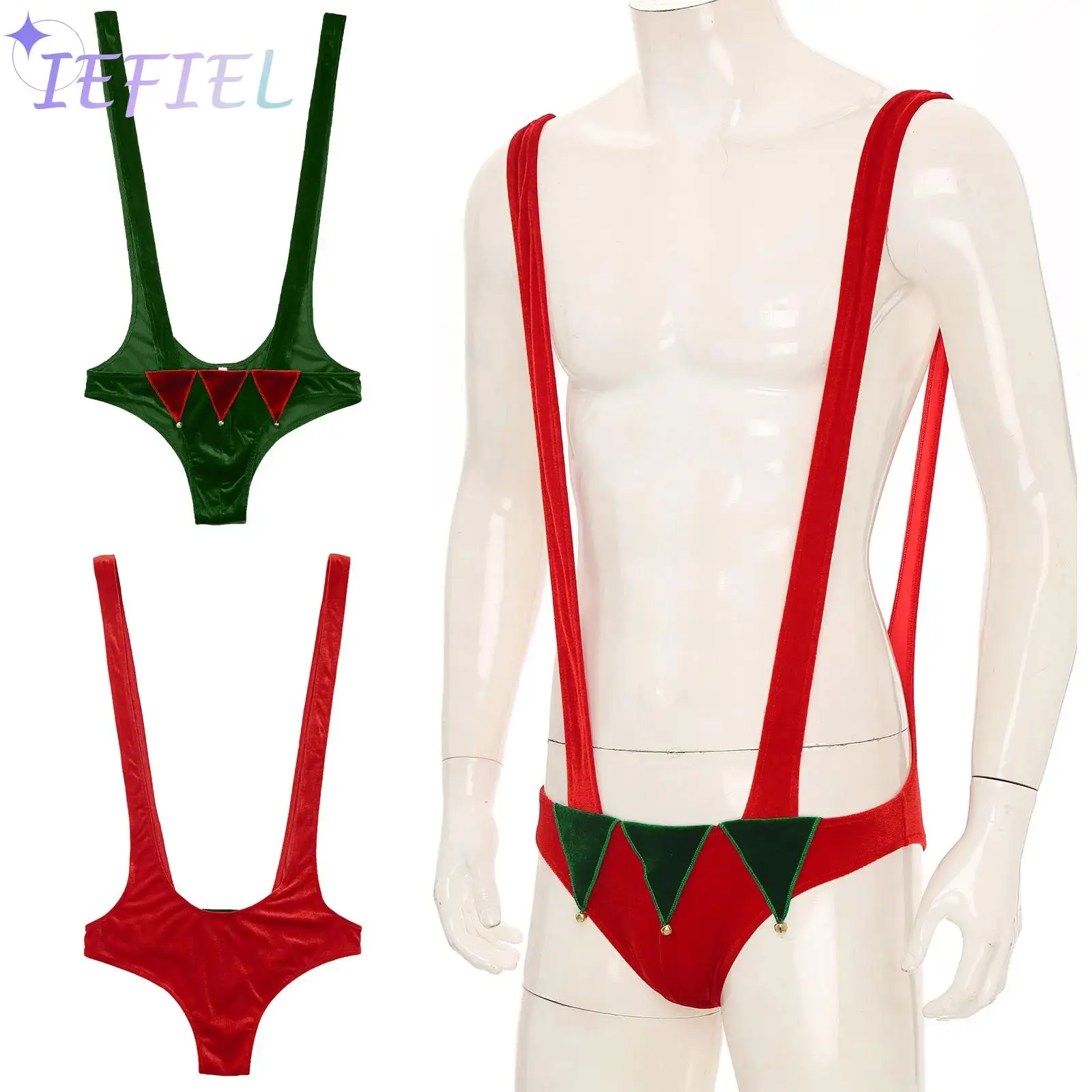 Mens Christmas Dress-Up Costume Cosplay Rosso E Verde Velluto Mankini Jagged Trim Con Campane Sexy Sling Underwear Maschile Xmas Lingerie