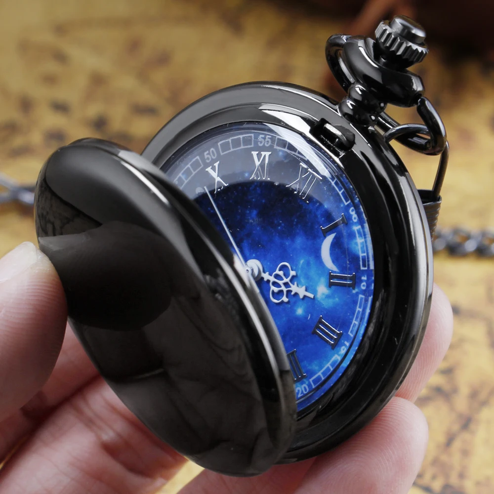 All Hunter Black Smooth Vintage Quartz Pocket Watch Series Romantic Starry Sky Ciondolo Watch Chain Gift For Men Women Friends