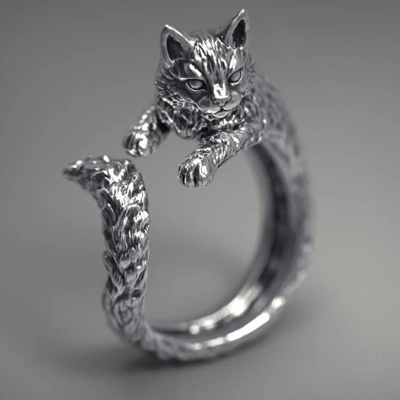 S925 Placcato Vintage Black Cat Ring Goth Kitten Pet Alive Ring Punk Hiphop Jewelry Regalo Di Halloween Per Donna Maschio