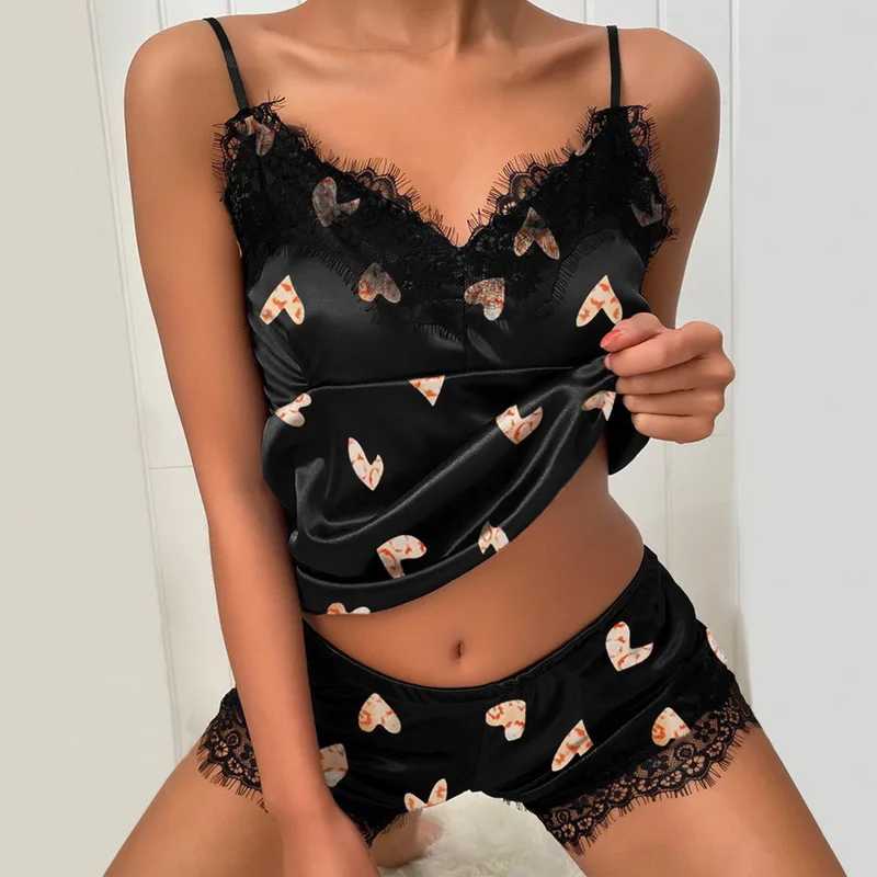 Abiti Sexy Pigiama In Pizzo Di San Valentino Love Print Set Da Due Pezzi Da Donna Con Scollo A V In Raso Elasticizzato Pigiama Da Notte G1003