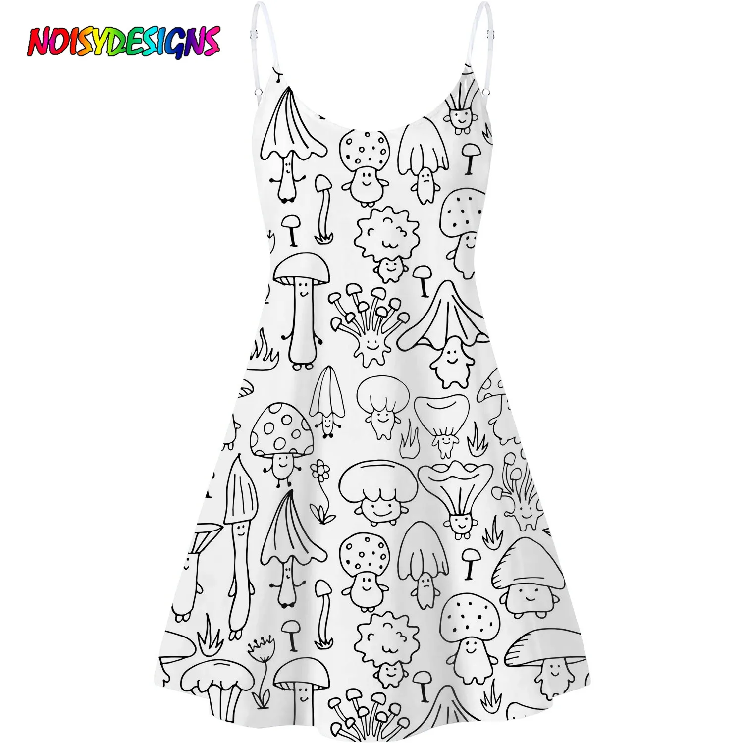 Noisydesigns Smile Mushroom Pattern Summer Dress Cinghie Eleganti Scollo A V Backless Black White Dress Donna Casual Sukienki Damskie