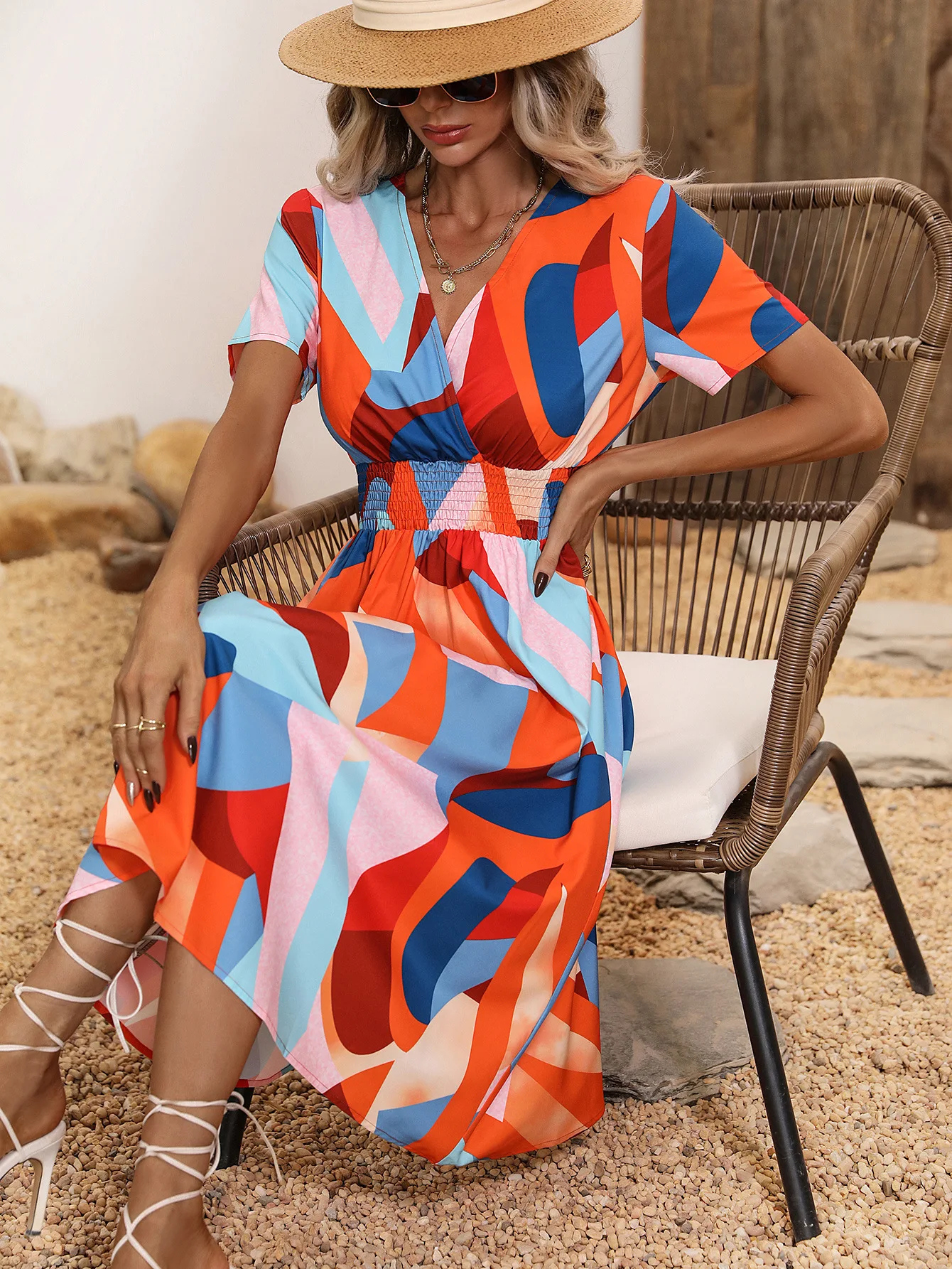 2023 Summer Vacation Holiday Dress Boho Leopard Floral Printed Midi Dress Beach Sexy Lady Scollo A V Manica Corta Prendisole H097