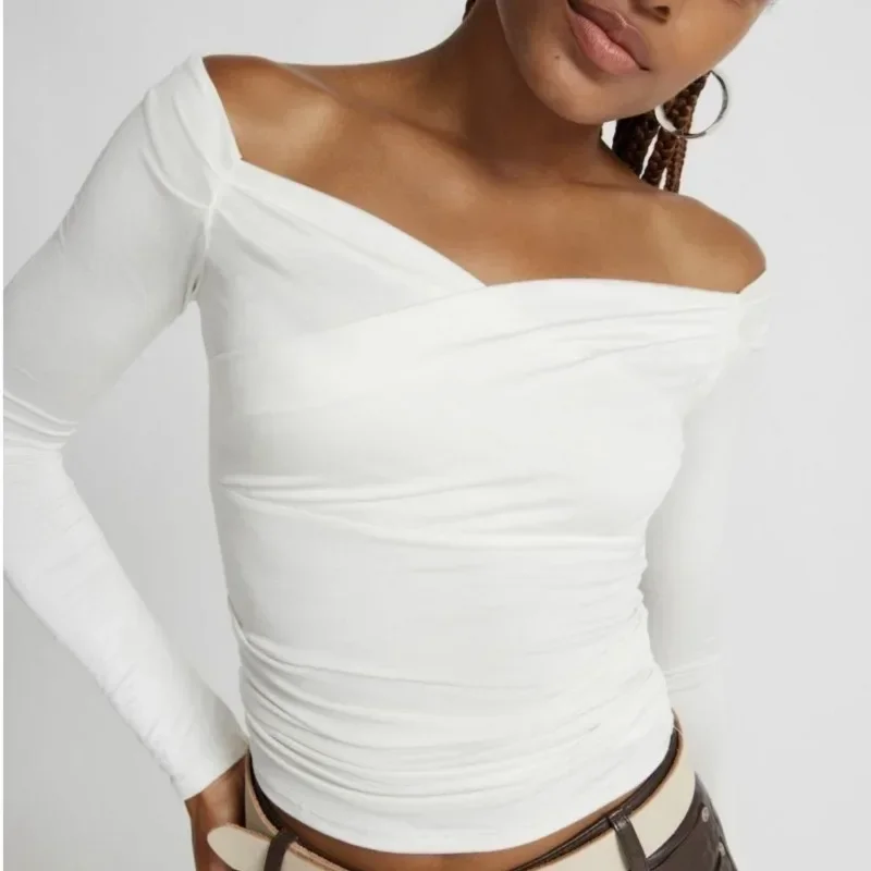 Autunno Gotico Nero 2023 Profondo Scollo A V Donne Sexy Outwear Anteriore Criss Croce Rugosa T-Shirt Cold Shoulder Club Backless L004