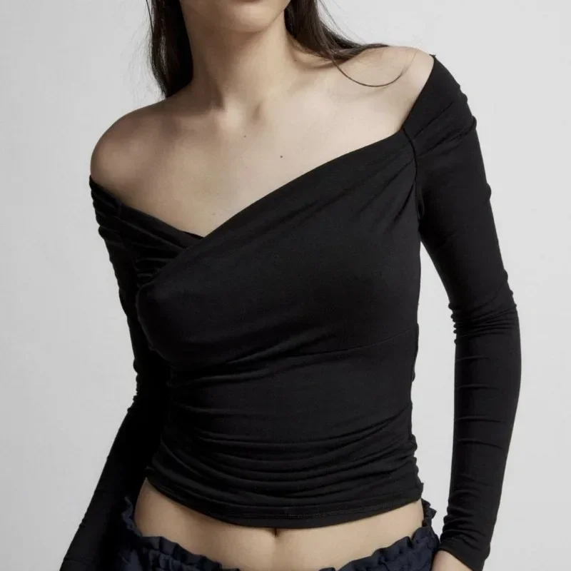 Gotico Nero Autunno 2023 Profondo Scollo A V Donne Sexy Outwear Anteriore Criss Croce Rugosa T-Shirt Cold Shoulder Club Backless L004