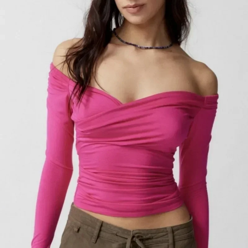 Nero Gotico 2023 Profondo Scollo A V Donne Sexy Autunno Outwear Anteriore Criss Croce Rugosa T-Shirt Cold Shoulder Club Backless L004