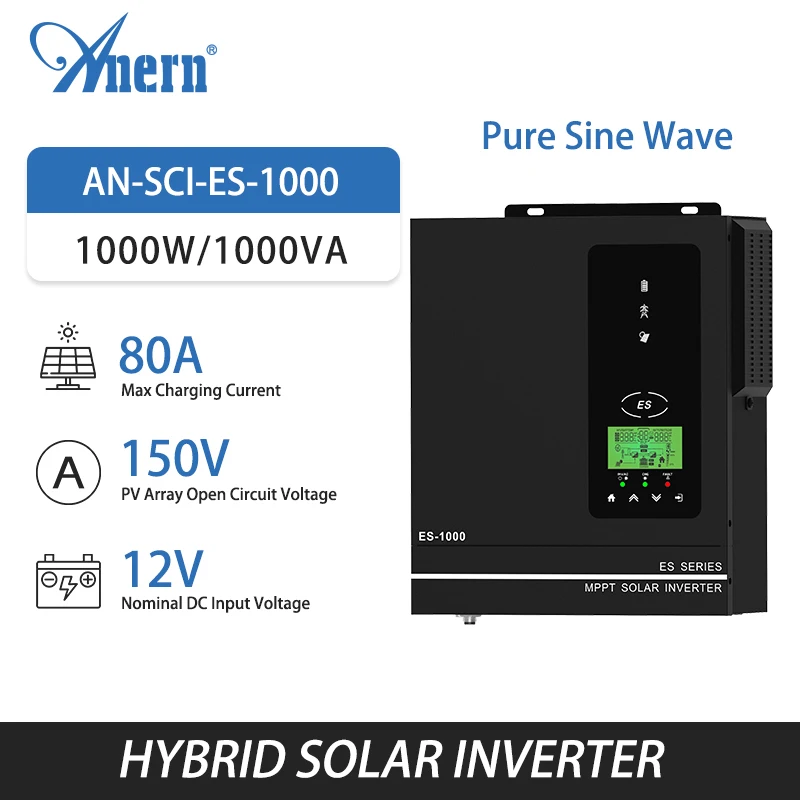 Anern Solar Inverter 1Kw 1.5Kw Buil In 80A Mppt Caricatore Solare Off Grid 24V Inverter A Onda Sinusoidale Pura 12V 220V