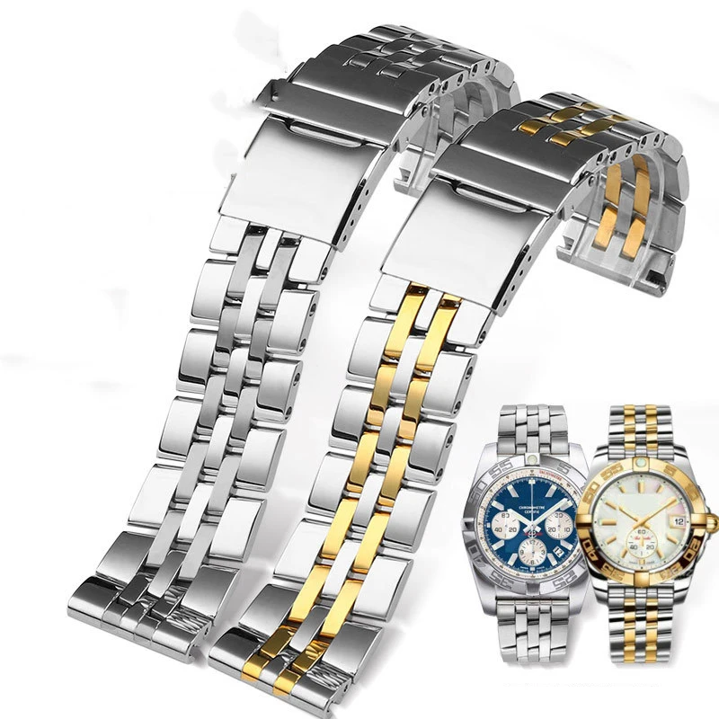 Cinturino Solido In Acciaio Inossidabile Per Breitling Ab042011 A49350 Cinturino 22Mm 24Mm Bracciale Da Uomo Con Cinturino In Metallo Dorato Argento