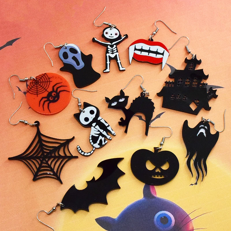 Acrilico Ghost Spider Cat Pumpkin Orecchini Pendenti Per Le Donne Vampire Tooth Castle Hallowmas Costume Cosplay Ciondolo Orecchino Gioielli
