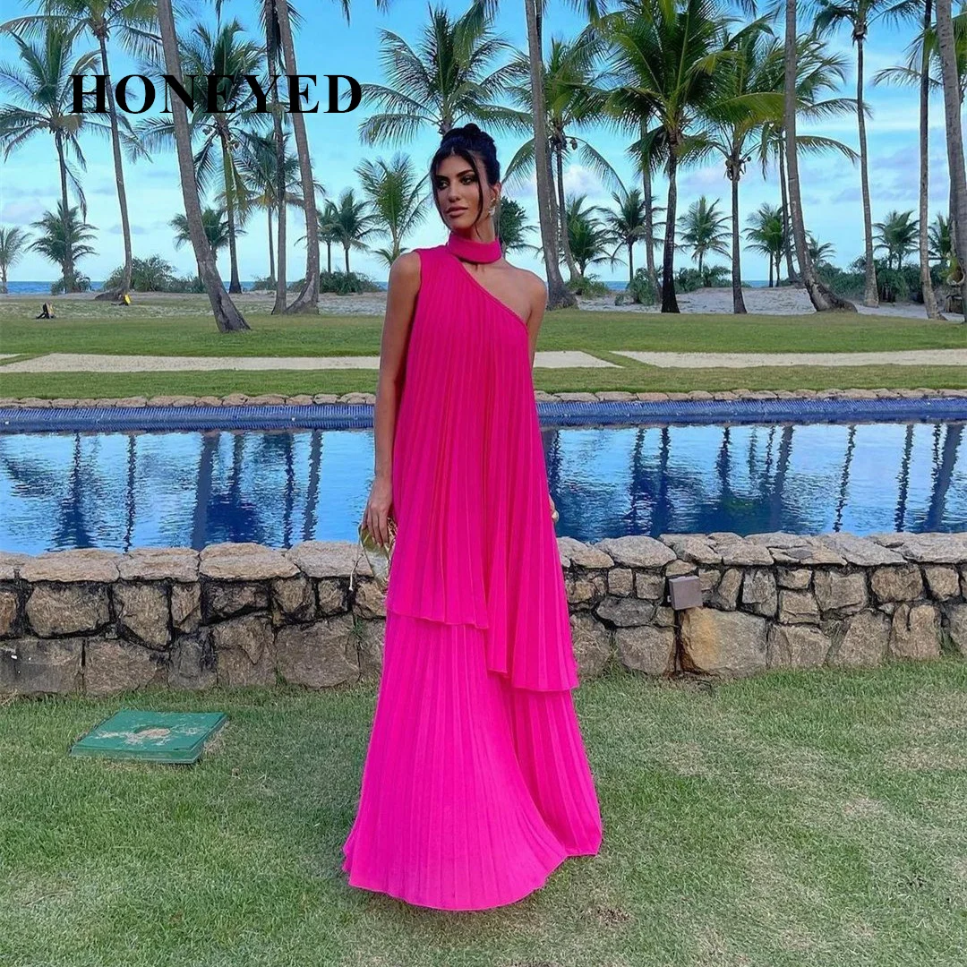 Honeyed 2023 Pinko-Neck Elegante Lungo Pieghettato Collo Alto Abiti Da Sera A-Line Chiffon Vestido Longo Festa Abito Formale Per Le Donne