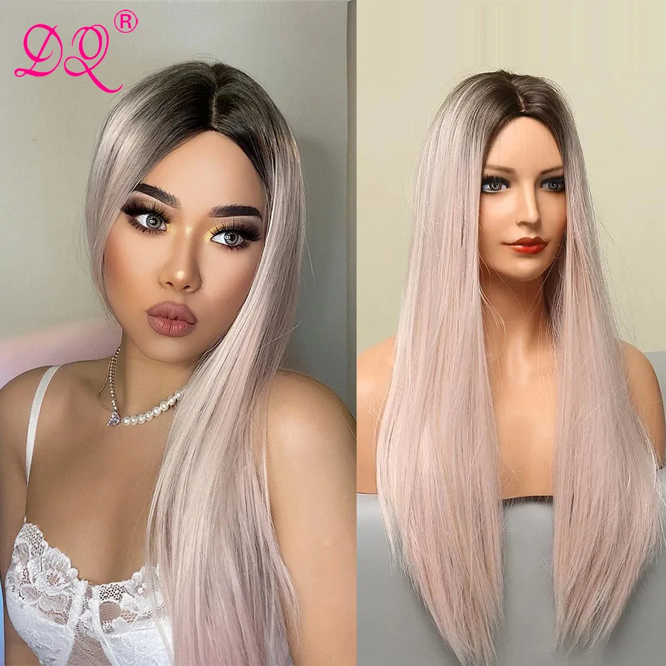 Grigio Cenere Con Radici Di Brone Scuro Parrucca Sintetica Parte Centrale Diritta Serica Parrucche Color Oro Rosa Vaniglia Con Attaccatura Dei Capelli