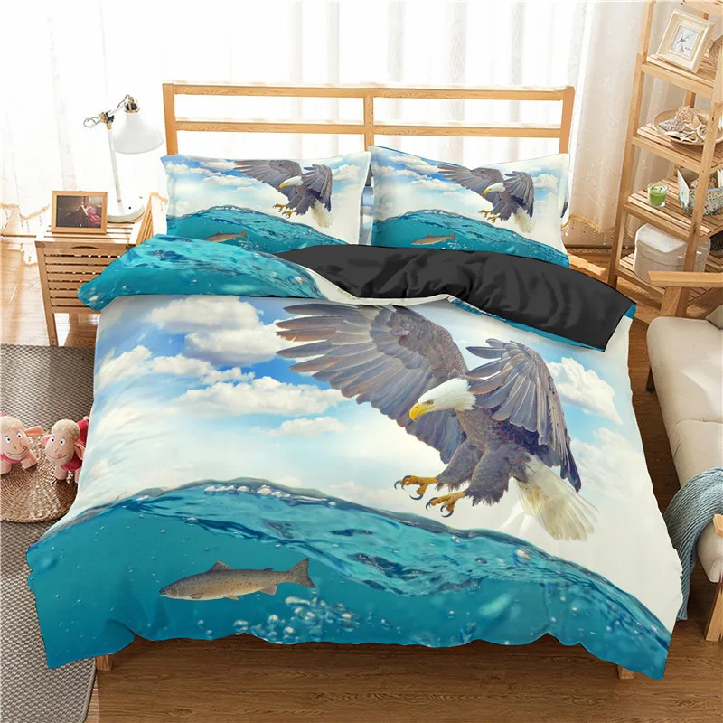 Set Copripiumino Eagle King/Queen Size,White Eagle Hunting On The Sea Set Biancheria Da Letto Con Stampa Per Ragazzi Uomo Adulti Copripiumino In Polie