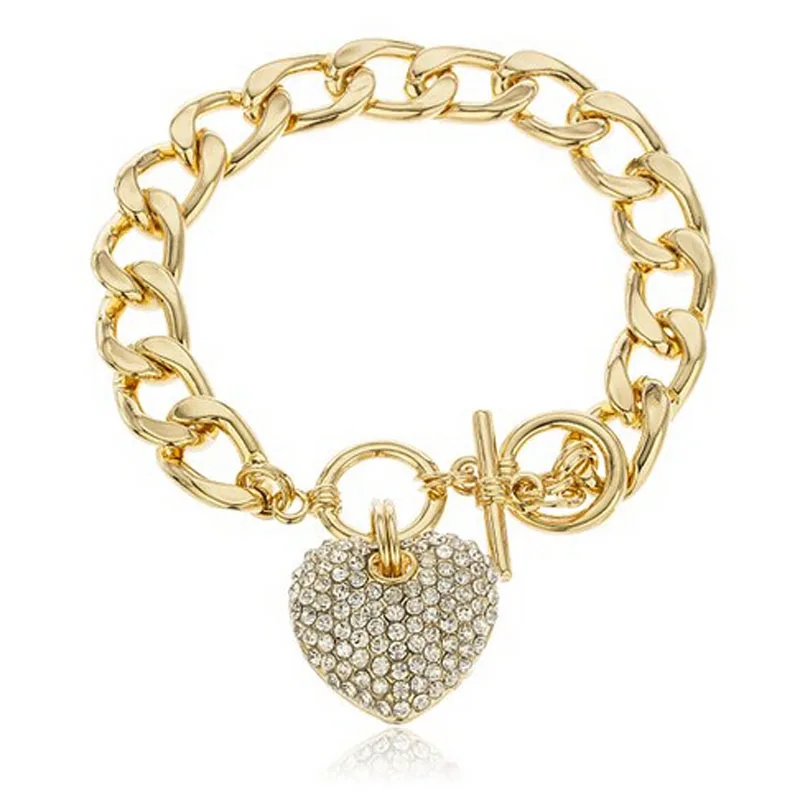 Goldtone Clear Iced Out Heart 8.5 Pollici Cuban Link 12Mm Toggle Bracciale Semplice E Carino New Fashion Women'S Bracciale Retro Age