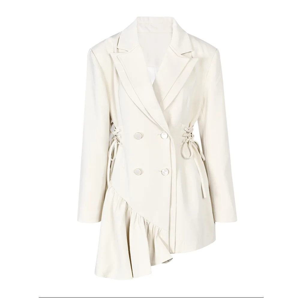 Chic Off White Women Blazer Suit Prom Dress Double Neck Haute Couture Giacca Blazer Con Lacci In Vita Irregolare In Stock