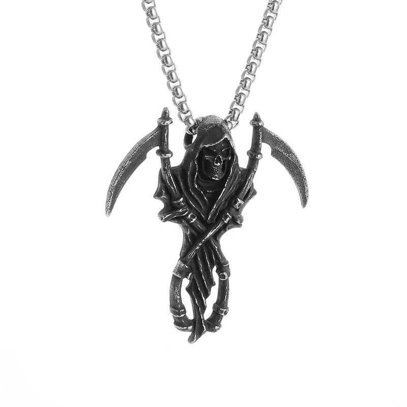 Spaventoso Hell Reaper Con Due Falce Ciondolo Skull Devil Collana Gothic Rock Jewelry Regali Di Halloween Per Uomo
