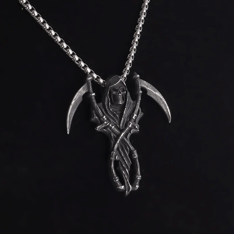 Vintage Gothic Grim Reaper Scythe Skull Ciondolo Santa Muerte Skull Collana Mens Boys Halloween Party Punk Jewelry Gifts