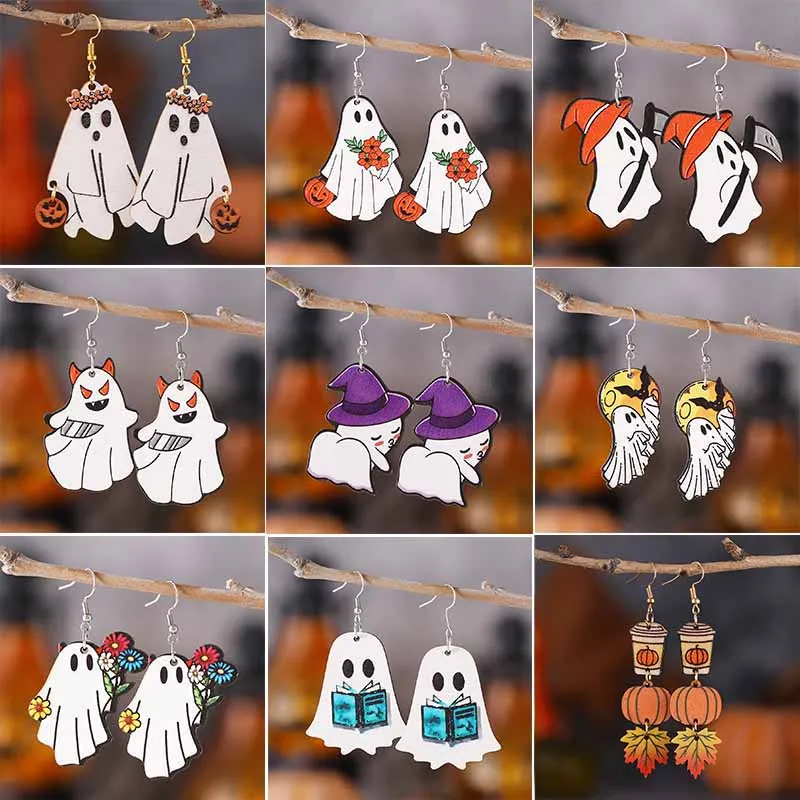 Nuovi Orecchini Del Ringraziamento Di Halloween Cappello Da Strega Ghost Pumpkin Bat Flower Axe Scythe Book Orecchini Double Sided Wood Earring Gift
