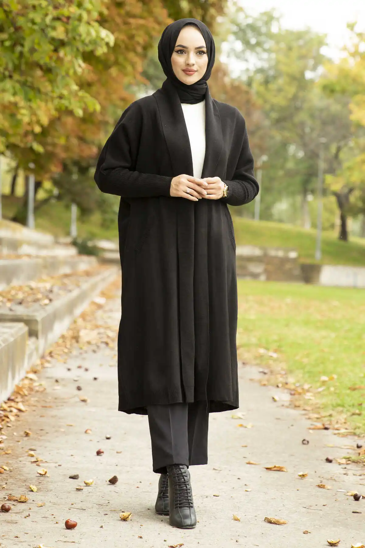 Zyn Knitwear Abito Cardigan-Nero Inverno Autunno 2021 Donne Musulmane Hijab Foulard Tacchino Islamico
