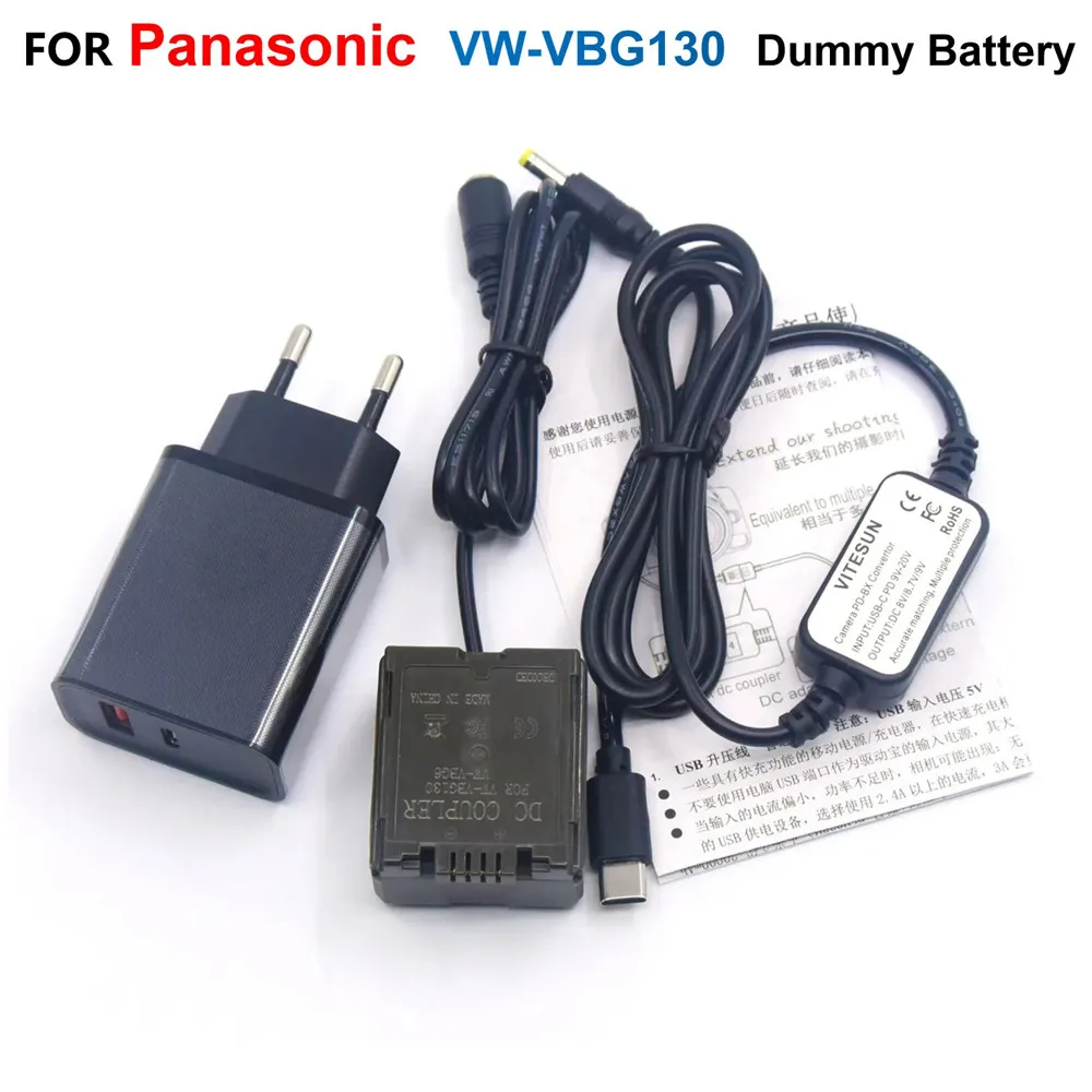 Vw-Vbg130 Batteria Fittizia Vbg6 + Adattatore Di Alimentazione Pd + Cavo Usb C Per Panasonic Hs250 Sd700 Tm200 Sdr-H20 Hdc-Dx1 Pv-Gs80 Vdr-D50 Hs600