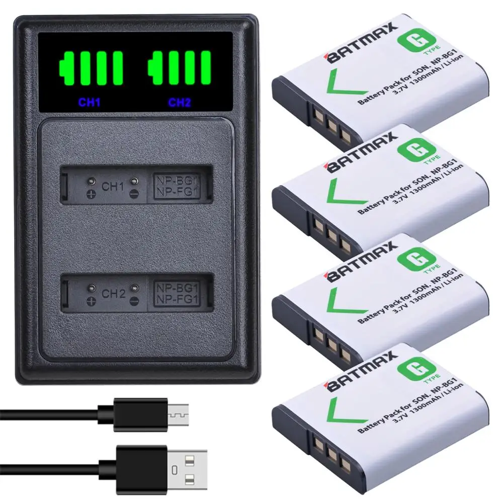 Batmax 4Pcs Np-Bg1 1300Mah Batteria + Led Usb Dual Charger Per Sony Dsc-N1 Dsc-T2 Dsc-H9 Dsc-H10 Dsc-H20 Dsc-H50 Dsc-H55