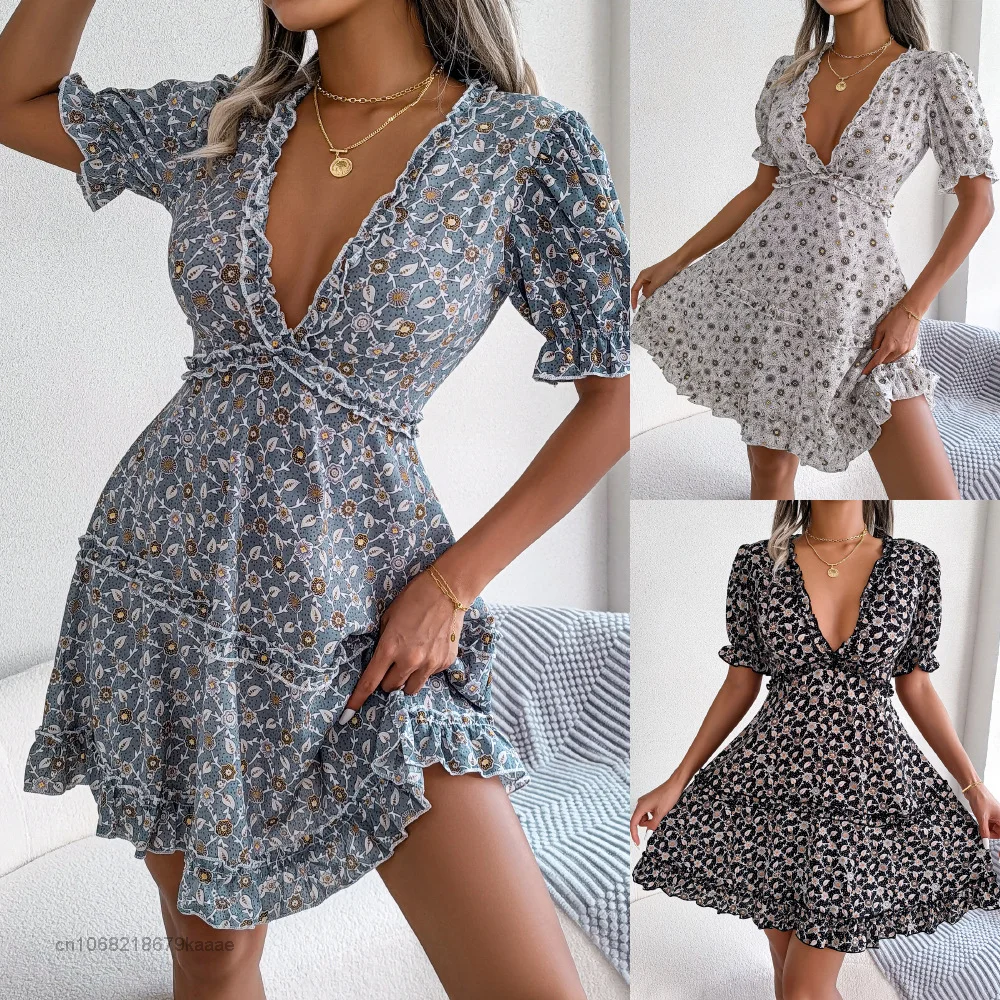 Elegante Donna Sexy Profondo Scollo A V Lace Up Floral Party Dress Donna Abiti Estivi A-Line Vestidos H M & Zaraes Donna 2022 Abbigliamento