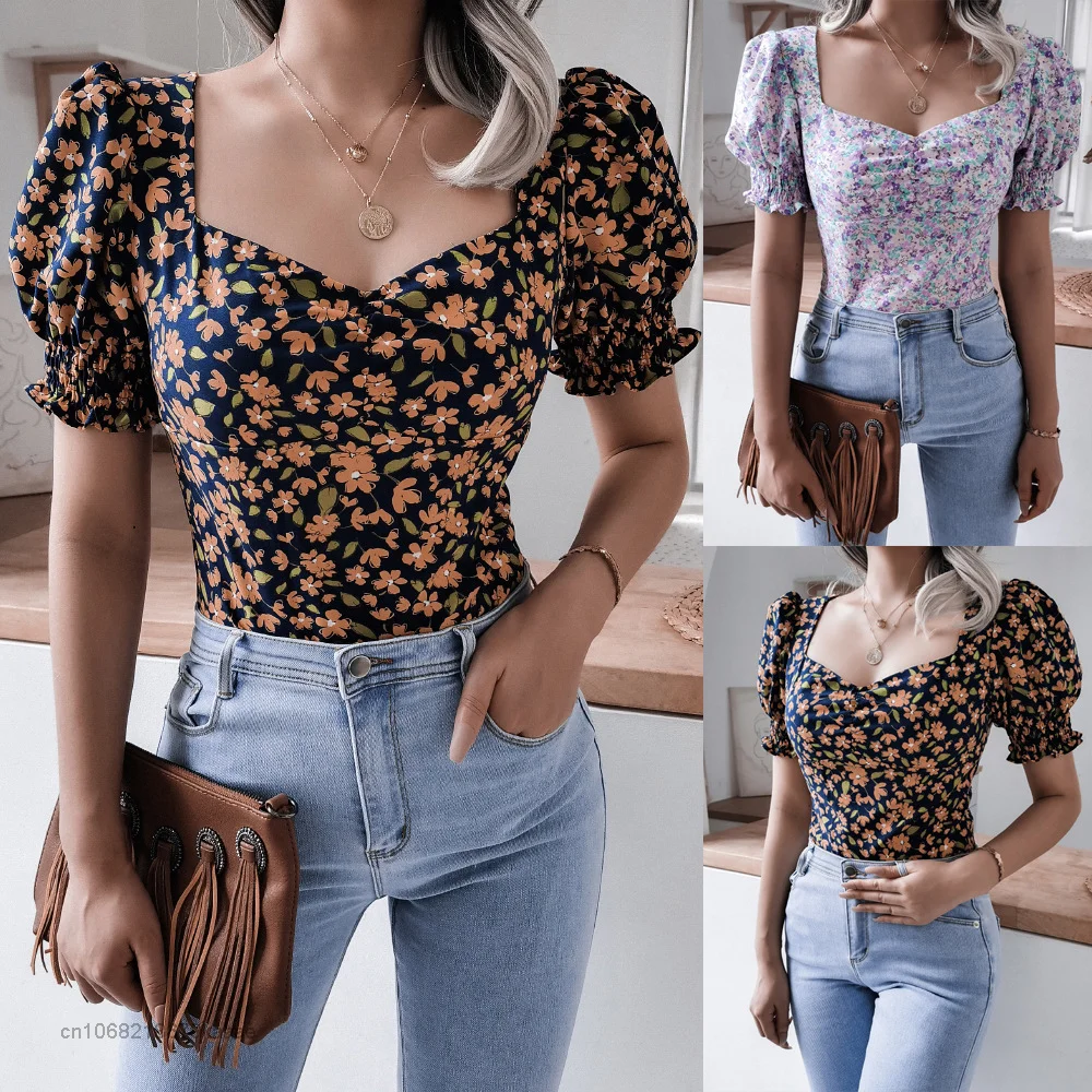 Stampa Floreale Estate Tempo Libero H M & Zaraes Donna 2022 Vestiti Sexy Chiffon Estate T Shirt Top Donna Manica A Sbuffo Signore Casual Top