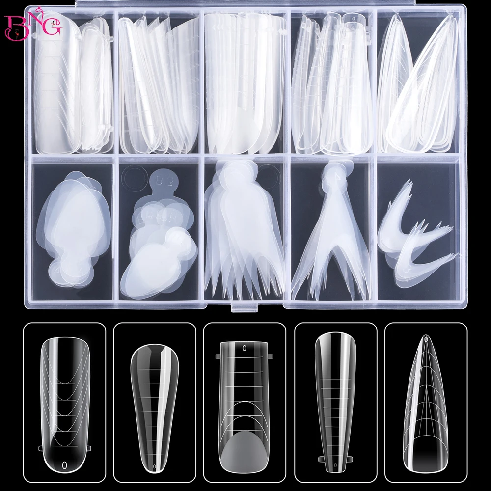 Bng Dual Nail Forms Set Full Cover Nail Extension Tips Coffin Almond Nail System Dual Forms Con Adesivi In Silicone Francese Forma