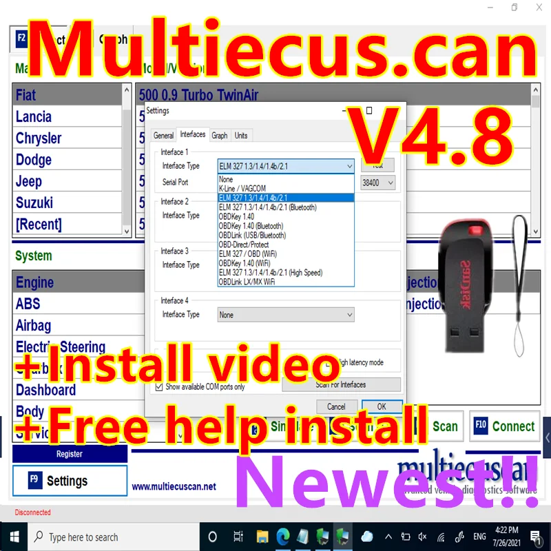 2023 Vendita Calda Multiecuscan V4.8 Per Fiat/Chrysler/Dodge/Jeep/Suzuki Scanner Software 4.8 Funziona Con Elm327 / Obd Ii Diagnostic