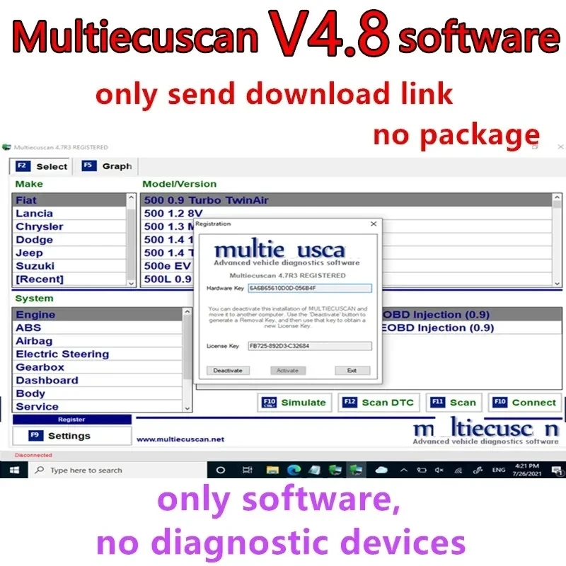 2023 Vendita Calda Multiecuscan V4.8 Per Fiat/Chrysler/Dodge/Jeep/Suzuki Scanner Software 4.8 Funziona Con Elm327 / Obd Ii Diagnostic
