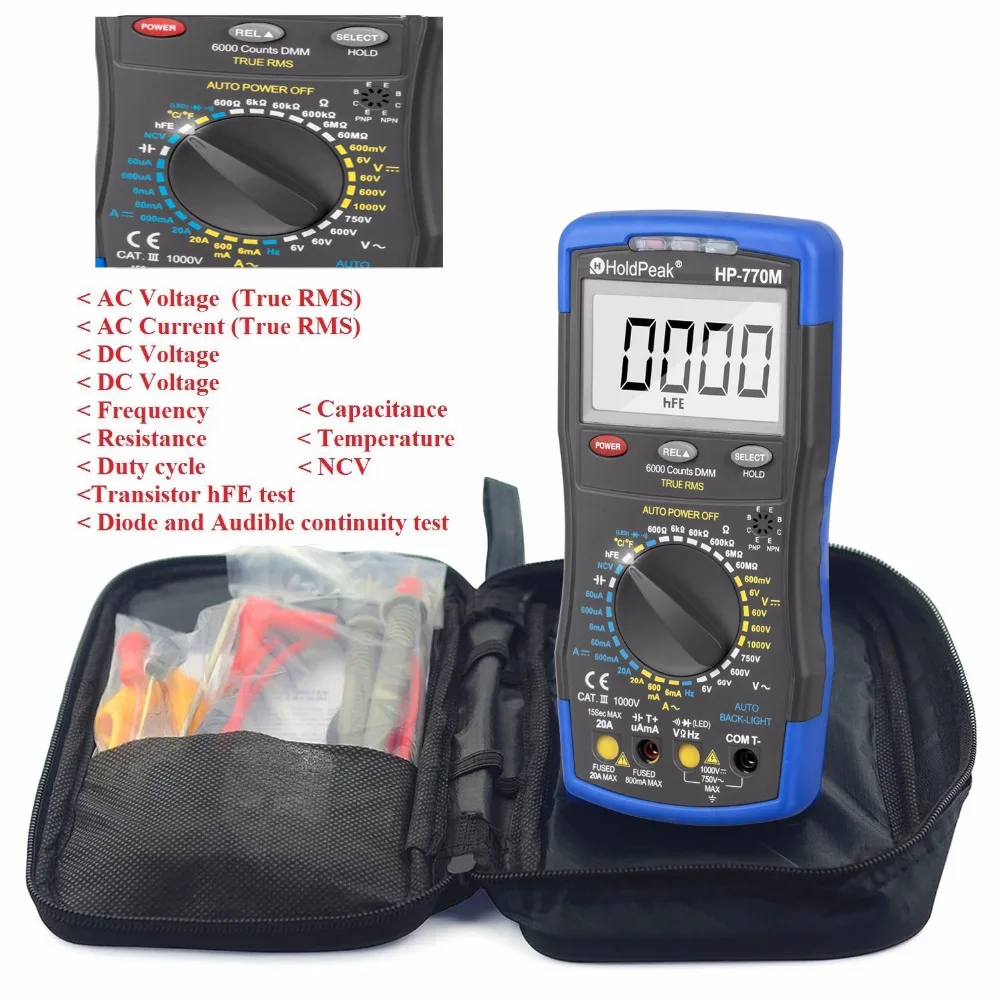 Holdpeak Multimetro Digitale Hp-770M Auto Range Rms Detector Ac/Dc Amperometro Voltmetro Ohm Ncv Hfe Transistor Tester Multimetro