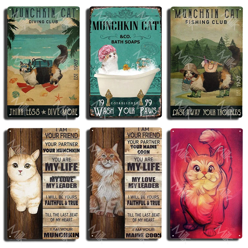 Segni Divertenti In Metallo Cute Munchkin Cat Tin Sign Home Decor For Beach Garden Home Pet Shop Decor Art Metal Poster Home Bar Decor