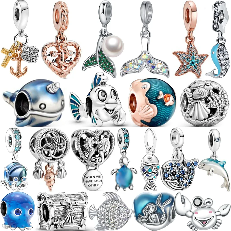 New Blue Starfish Dolphin Turtle Crab Fish Tail Marine Animal Perline Fai Da Te Fit Original Pandora Charm Silver Color Bracciale Jewelry