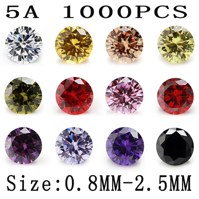 1000 Pz Formato 0.8-2.5Mm Rotondo Sciolto Cubic Zirconia 5A Cz Pietre Bianco Dorato Giallo Oliva Rosa Nero Ametista Granato Colore