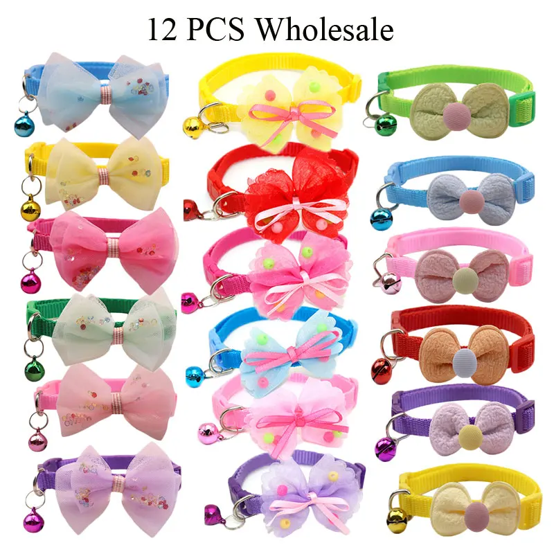 12Pcs Pet Cat Collar Wholesale Dog Collier Chain With Bell Bow Breakaway Quick Release For Small Gato Kitten Puppy Free Shipping