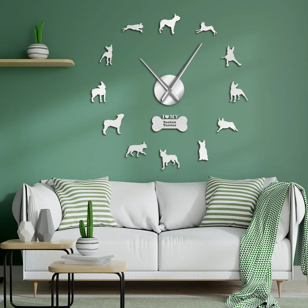 3D Boston Terrier Cane Razza Adesivi Grande Orologio Da Parete Muto Fai Da Te Boston Bull Terrier Orologio Da Parete Silenzioso Gigante Con Grandi Lan