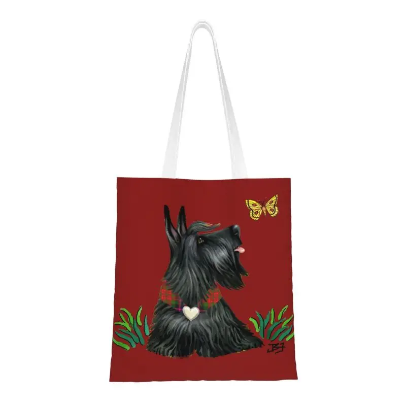 Custom Scottish Terrier Watching A Butterfly Shopping Canvas Bags Women Durable Grocery Scottie Dog Tote Shopper Bags
