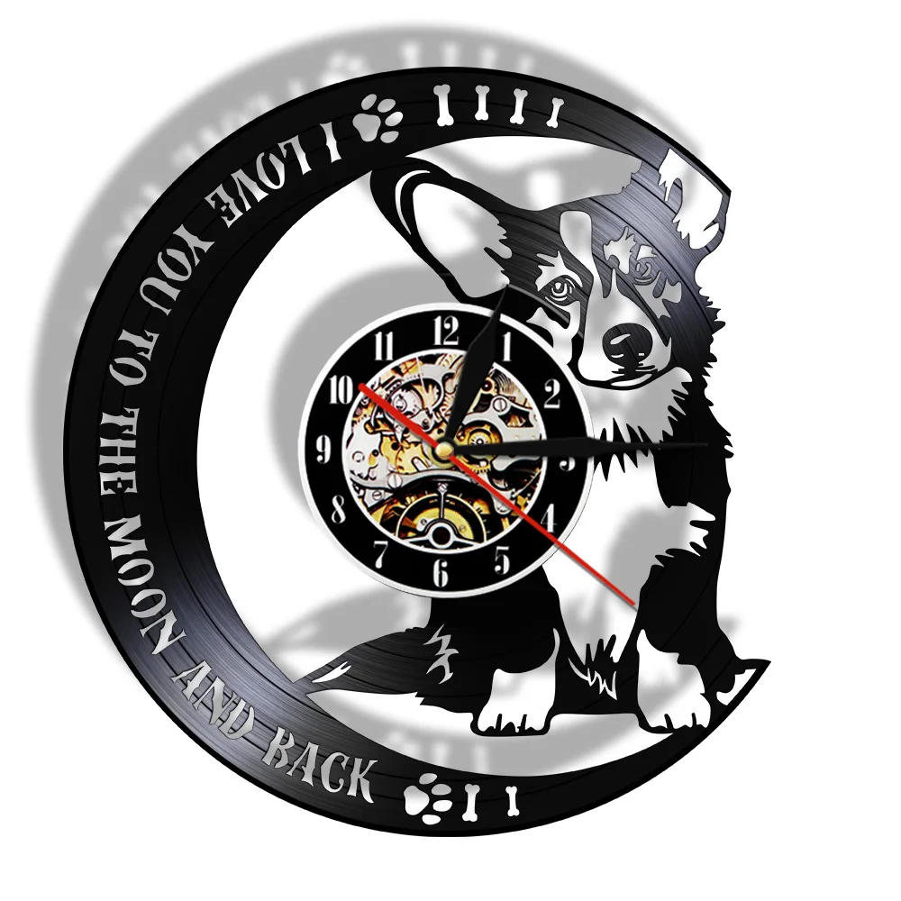 I Love You To The Moon And Back Cucciolo Di Cane Razze Di Arte Della Parete Inglese Welsh Corgi Doggie Pet Shop Silenzioso Lp In Vinile Orologio Da Pa